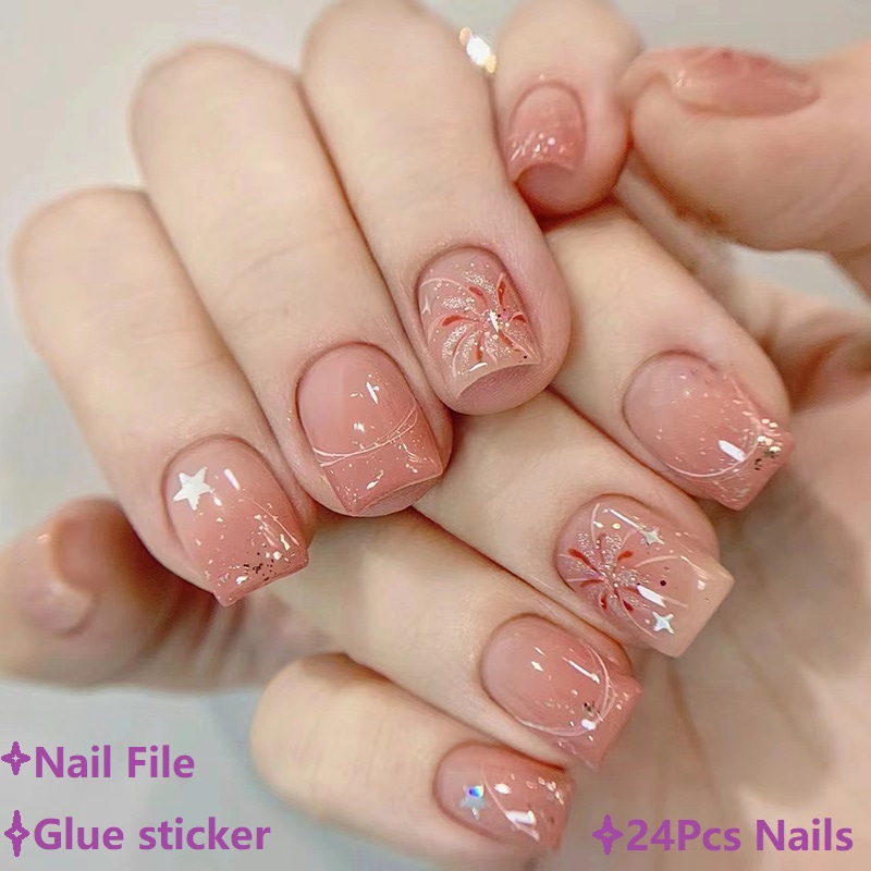 Nail Art Ombre Pink - Faux ongles courts roses à presser,
